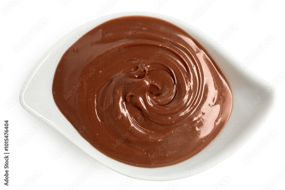 Bowl of tasty melted chocolate on white background