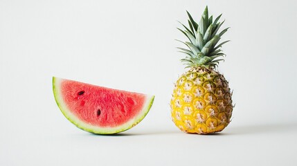 Sticker -   A pineapple and watermelon halved on white background, with watermelon slice prominent in foreground