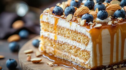 Sticker -   A blueberry and almond-topped cake served on a wooden board, drizzled with caramel and adorned with blueberries