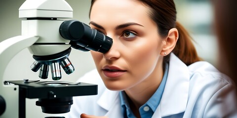 Woman scientist using a microscope in a research laboratory for medical chemistry experiment at a clinic to conduct a test in medicine, representing a lab and science concept (14)