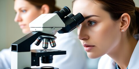 Woman scientist using a microscope in a research laboratory for medical chemistry experiment at a clinic to conduct a test in medicine, representing a lab and science concept (14)