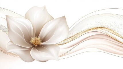 Sticker -   A white flower with a golden center on a white background is framed by a wave of golden lines, evoking an ethereal beauty