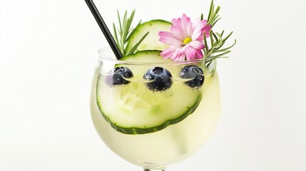 Sticker -   A refreshing drink featuring cucumber slices, blueberries, and a pink flower in a glass with a straw