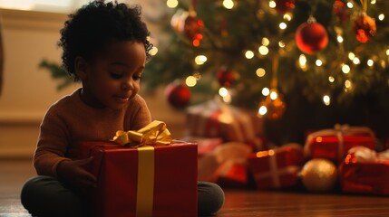 Kneeling beside a brightly lit Christmas tree, a young child joyfully unwraps a large red box adorned with a golden ribbon, surrounded by festive decorations