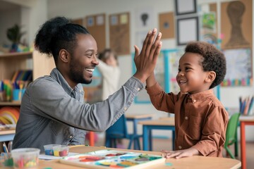 African American teacher, young boy give high-five in art class at kindergarten. Teacher in gray shirt, student in brown shirt. Classroom setting with chalkboard, bulletin board, art supplies.