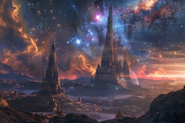 Wall Mural - a colorful, fantastical landscape with a large castle in the middle, generative ai image