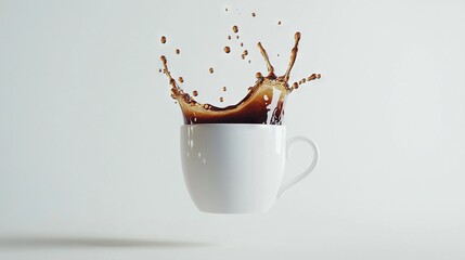 Poster -  A white cup with liquid sits atop a white table beside a black-and-white cup pouring out its contents