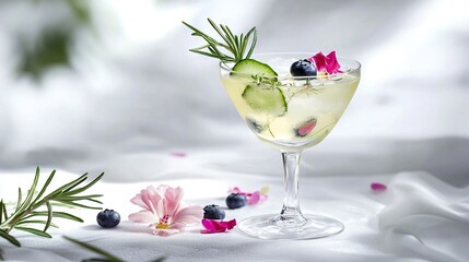 Canvas Print -   Blueberries and cucumber garnish close-up of drink in glass