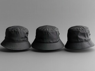 black bucket hat mockup displayed from different angles, emphasizing fashion versatility and style in an urban setting with a modern aesthetic