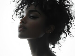 bold black silhouette of an african american woman with natural curly hair striking a confident pose, set against a stark white background, celebrating individuality and strength