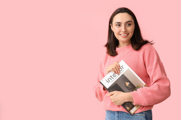 Sticker - Beautiful young woman with interior magazine on pink background