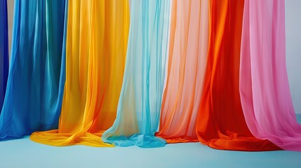 Wall Mural -   Row of colorful curtains in front of blue backdrop, white backdrop in background