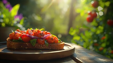 Wall Mural -   A close-up shot of bread with tomatoes and onions on top, sitting on a wooden table surrounded by flowers