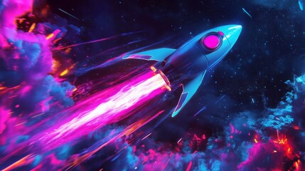 Aufkleber - A sleek rocket takes off, leaving a trail of vibrant pink and purple flames against a backdrop of swirling cosmic colors. The bright hues depict the excitement of space exploration and adventure.