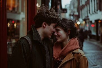 Couple in love kissing on the street in Paris, France.