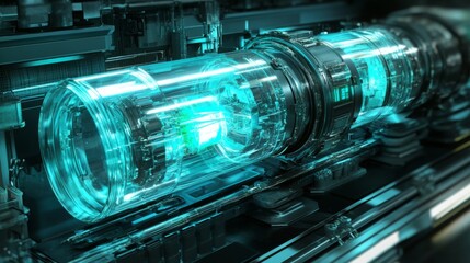 Leinwandbilder - A close-up shot of a futuristic, metallic machine with a large, clear cylinder inside. The cylinder glows a bright turquoise color, illuminating the intricate workings of the machine.