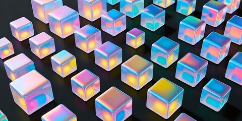 A set of 3D glass square shapes exhibiting refraction and holographic light dispersion, isolated on a black background for a transparent crystal effect (22)