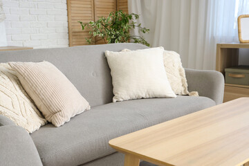 Modern interior of living room with sofa and soft pillows