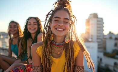 three diverse young friends enjoying a sunny day, carefree and happy on an urban rooftop, capturing 