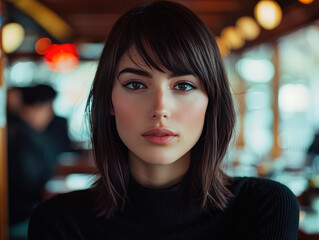 Wall Mural - the  brunette woman is working as the marketing and manager position in the restaurant  background 