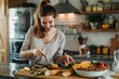 © miss irine - Woman prepares meal at kitchen counter. Focused on ingredients, including fresh fruit, bread, and cutting board. Stainless steel oven, sink, and window with blinds create modern kitchen setting.