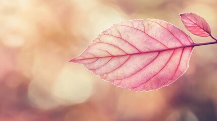   A pink leaf on twig blurred behind trees