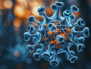 focus on a single virus magnified against a blurred background, emphasizing its structure and detail