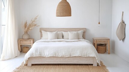 Poster - A serene bedroom features a large bed with soft bedding, stylish woven light fixtures, and natural elements. Minimalist furniture complements the cozy and inviting atmosphere of the space.