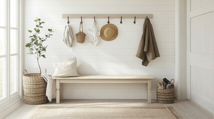 Poster - This inviting entryway features a rustic bench with a textured surface, hooks hanging hats and linens, and greenery in baskets, creating a warm and functional space filled with natural light.