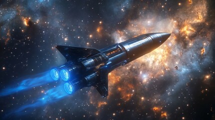 Fototapete - A spaceship travels through a dark starry sky. The ship is angled with the nose pointing up and to the right