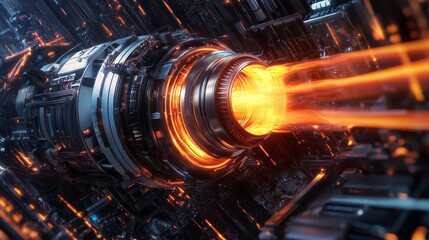 Aufkleber - A vibrant energy core emits bright orange beams within a complex high-tech setting