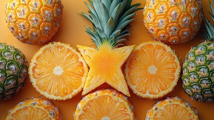   A group of pineapples cut into halves, topped with a star-shaped cut on one of them