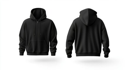 Black zip-up hoodie mockup. Zipper hoodie. Front and back hoodie template