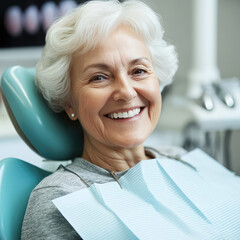 the beautiful smile older senior  woman is on the dentist chair ready to have teeth cleaning and  dental fixing 