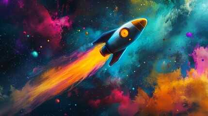 Fototapete - A cartoon-style rocket flies through a colorful nebula. The rocket is blue with a yellow tip and a large, round window. It is leaving a trail of orange fire
