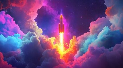 Aufkleber - A rocket ascends powerfully into a brilliantly colored sky, surrounded by fluffy clouds illuminated in shades of purple, orange, and pink. The scene captures the awe of space exploration at night.