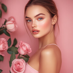 Wall Mural - very attractive brunette blue eyes young woman with light natural make up and pink dress is holding the pink roses standing on the plain pink background