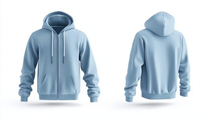 Light blue zip-up hoodie mockup. Zipper hoodie. Front and back hoodie template