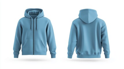 Light blue zip-up hoodie mockup. Zipper hoodie. Front and back hoodie template