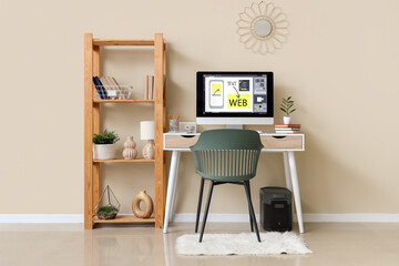 Poster - Interior of web designer's office with workplace and shelf unit