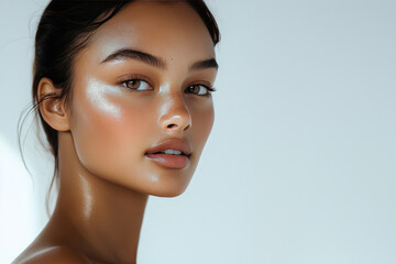 Tan beautiful mixed races woman is getting dark during summer beach going , plain grey background