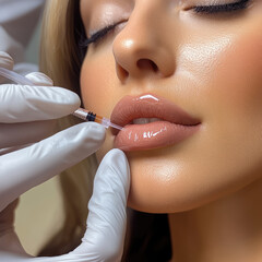 THE CLOSE UP photo of a beautiful lady with plump lips is closing her eyes while the doctor does  the lips filler injection