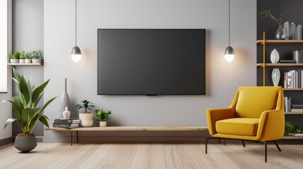  Modern living room interior with yellow chair, plants, and wall-mounted TV.