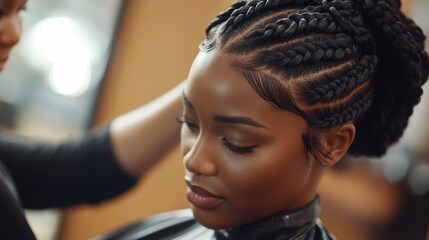 Close-up of African hairstylist expertly braiding Afro-American client's hair in salon showcasing black hair culture style and professional care techniques