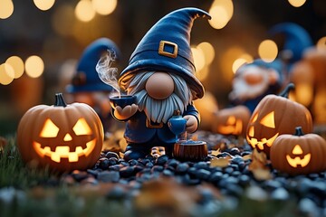 Fantasy scene of gnomes casting spells and brewing potions at a Halloween festival, representing the magical elements of gnome Halloween culture