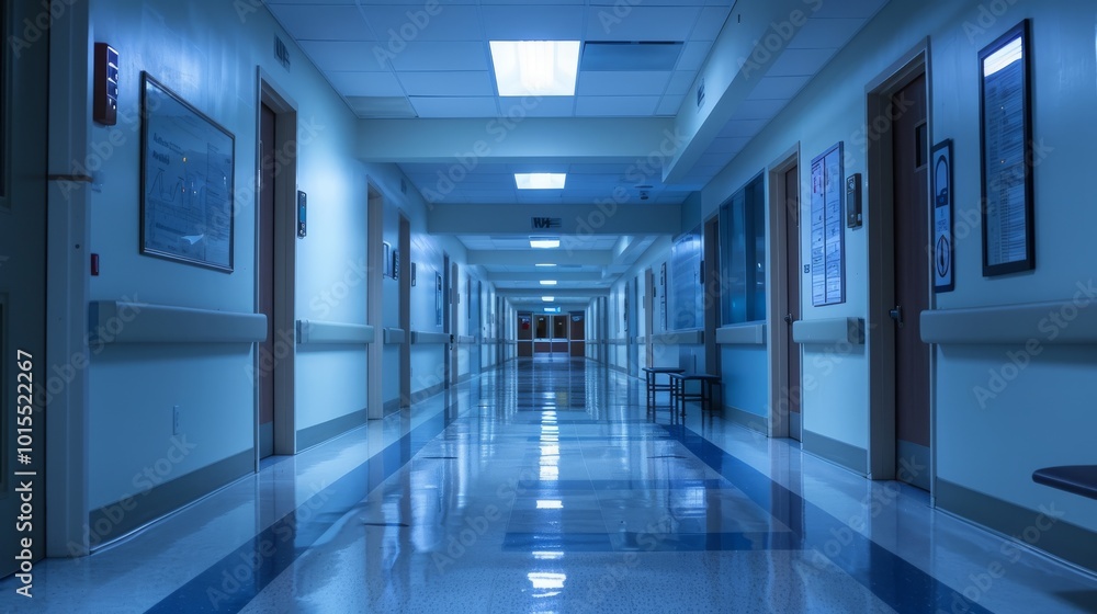 A long, empty hallway in a hospital with blue walls and tiled floors. The hallway leads to a door at the end of the corridor.