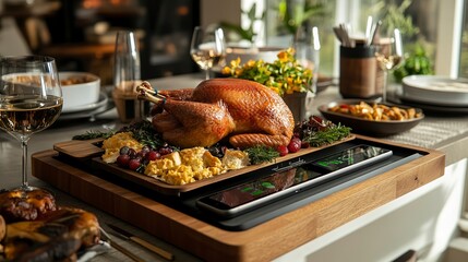 Sticker - Thanksgiving meal prep station with integrated charging ports for smart devices  