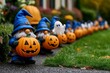 © Sanchai - Gnomes lighting lanterns shaped like pumpkins and ghosts during a Halloween festival parade, representing the magical lighting traditions of gnome culture