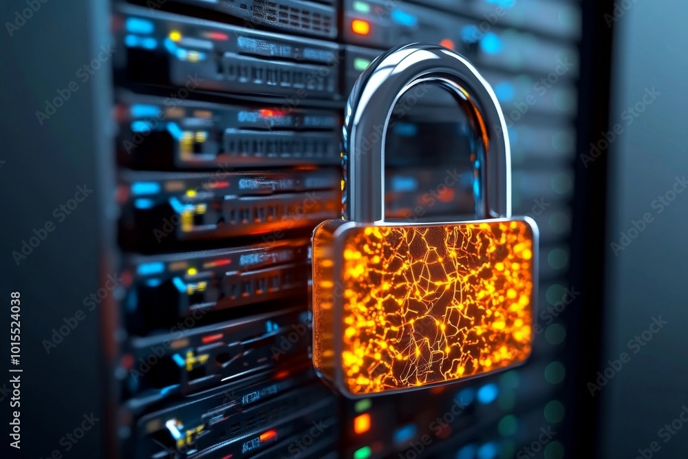 Server Protection Locks Hyper-realistic close-up of a padlock securing a server room door, with ...