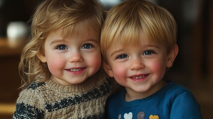 Sticker - Portrait of a cute little boy and girl smiling at the camera. Happy siblings day  